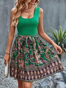 SHEIN VCAY Floral Print Belted Dress - Green - View 3