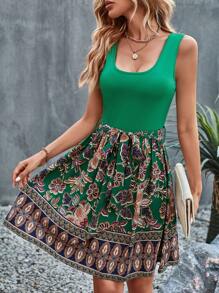 SHEIN VCAY Floral Print Belted Dress - Green - View 1