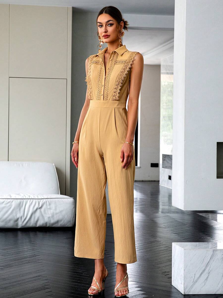 Sollinarry 素色前紐扣襯衫連體褲 - 卡其色 - 查看 1