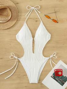 SHEIN Swim Summer Beach Cut Out Tie Side Halter One Piece Swimsuit White Swimsuit