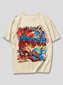 ROMWE MEN Street Life Men Car & Letter Graphic Drop Shoulder Tee - Khaki - View 1