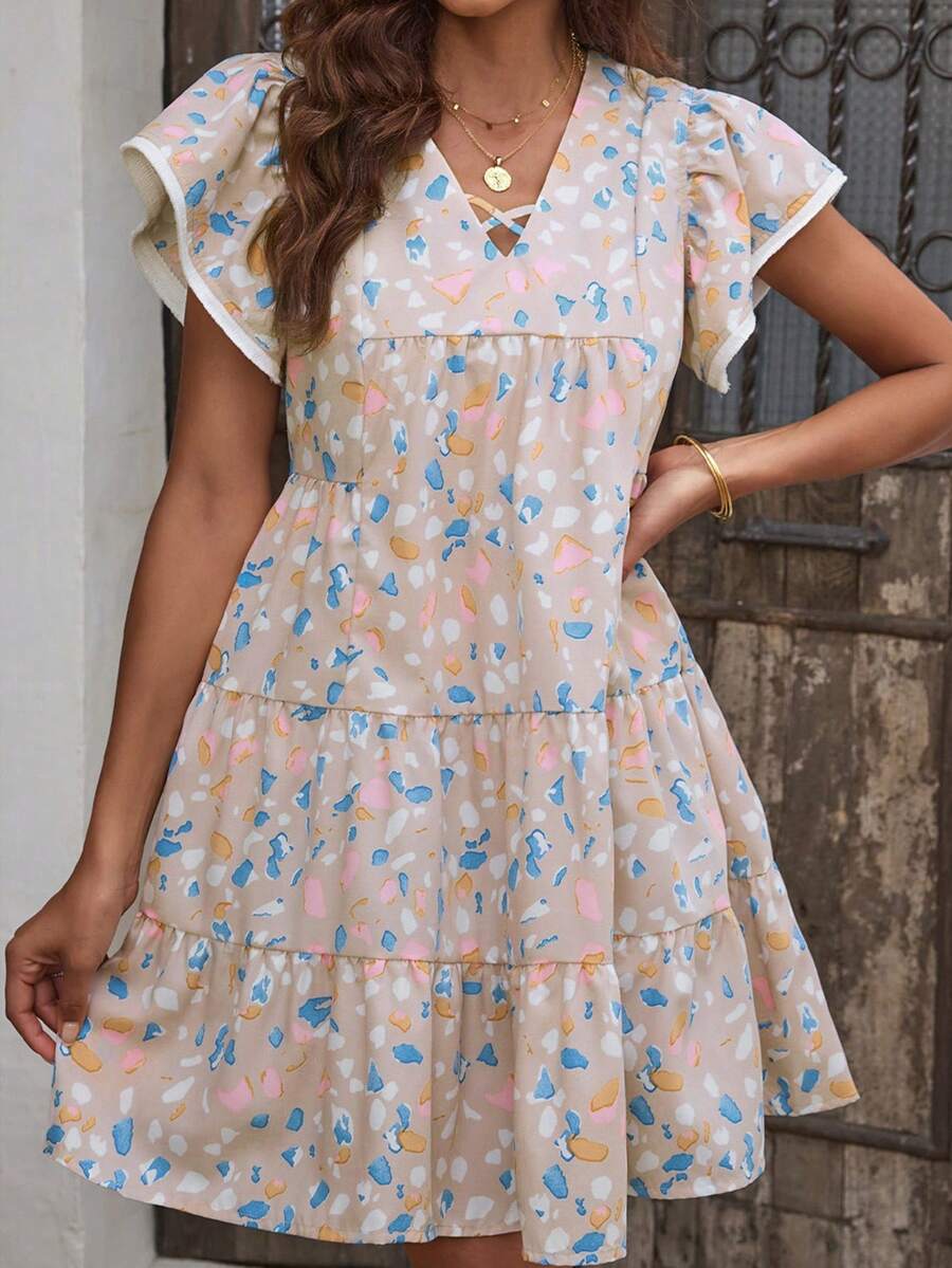 Đầm Viên lá sen Hoa Tất cả trên in Dễ thương - Màu Khaki - Xem 1