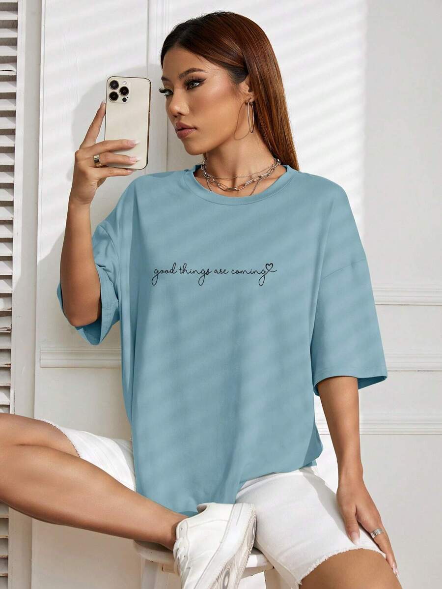 SHEIN EZwear Áo thun nữ Slogan Giải trí - Màu xanh bụi bặm - Xem 1