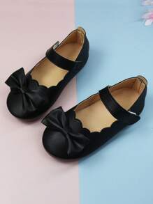 女孩蝴蝶結裝飾貝殼邊公主瑪麗珍平底鞋適用於戶外 - 黑色 - 查看 2