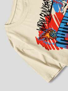 ROMWE MEN Street Life Men Car & Letter Graphic Drop Shoulder Tee - Khaki - View 4