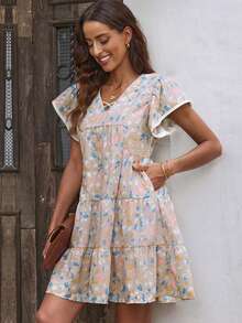 Đầm Viên lá sen Hoa Tất cả trên in Dễ thương - Màu Khaki - Xem 5