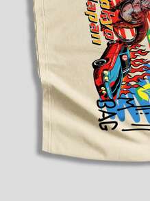 ROMWE MEN Street Life Men Car & Letter Graphic Drop Shoulder Tee - Khaki - View 8