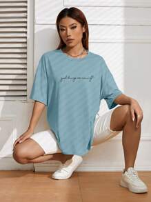 SHEIN EZwear Áo thun nữ Slogan Giải trí - Màu xanh bụi bặm - Xem 7