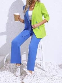 SHEIN Essnce Two Tone Double Breasted Blazer & Wide Leg Pants - Blue - View 5