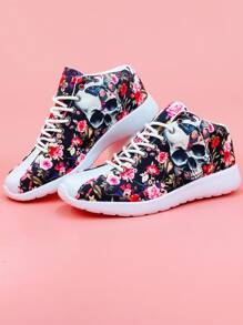 運動跑步鞋適用於女士花卉圖案和骷髏圖案前綁帶運動鞋 - 彩色 - 查看 1