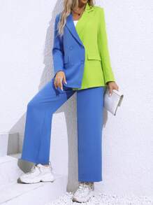 SHEIN Essnce Two Tone Double Breasted Blazer & Wide Leg Pants - Blue - View 6