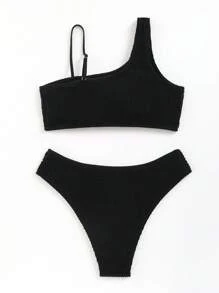 SHEIN Swim Summer Beach Plain Smocked Bikini Set, Vacation Bikini