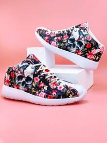 運動跑步鞋適用於女士花卉圖案和骷髏圖案前綁帶運動鞋 - 彩色 - 查看 2