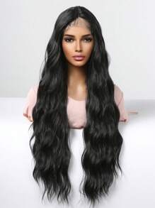 Pelucas negras de encaje con parte en T, peluca sintética ondulada rizada Extra larga de 30 pulgadas, peluca negra para mujeres, pelucas de densidad 13*4*1 para uso diario en fiestas - Negro - Ver 1