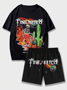 ROMWE MEN Guys Slogan & Skeleton Graphic Tee & Shorts - Black - View 1