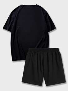 ROMWE MEN Guys Slogan & Skeleton Graphic Tee & Shorts - Black - View 2