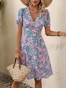 SHEIN VCAY Paisley Print Puff Sleeve A-line Dress - Multicolor - View 1