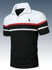 Manfinity Homme Áo thun có cổ Nam Nút Thú vật Khối Màu Giải trí - Đen và trắng - Xem 1