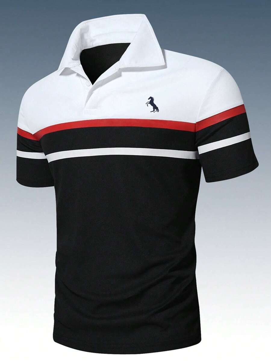 Manfinity Homme Áo thun có cổ Nam Nút Thú vật Khối Màu Giải trí - Đen và trắng - Xem 1