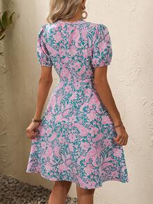 SHEIN VCAY Paisley Print Puff Sleeve A-line Dress - Multicolor - View 2