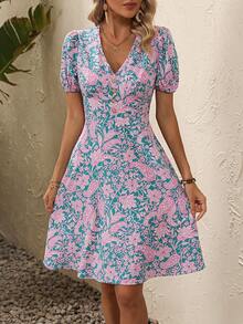 SHEIN VCAY Paisley Print Puff Sleeve A-line Dress - Multicolor - View 3