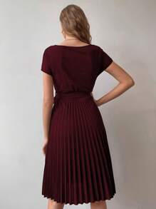 Calvaya Pleated Hem Self Belted Dress Burgundy Color Women Outfit - Burgundy - View 2