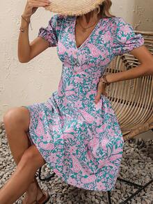 SHEIN VCAY Paisley Print Puff Sleeve A-line Dress - Multicolor - View 4