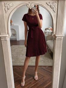 Calvaya Pleated Hem Self Belted Dress Burgundy Color Women Outfit - Burgundy - View 3