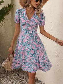 SHEIN VCAY Paisley Print Puff Sleeve A-line Dress - Multicolor - View 6