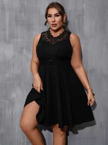 SHEIN LUNE 大碼拼接水溶蕾絲連衣裙 - 黑色 - 查看 6