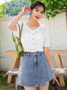 DAZY 不帶腰帶的交叉前面不對稱邊緣牛仔短裙褲 - 中等水洗藍 - 查看 6