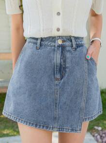 DAZY 不帶腰帶的交叉前面不對稱邊緣牛仔短裙褲 - 中等水洗藍 - 查看 7