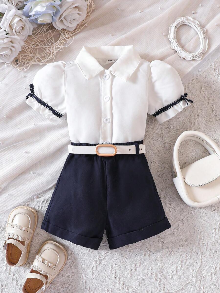 嬰兒泡泡袖襯衫和卷邊短褲 - 藍白色 - 查看 1