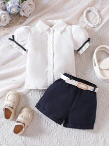 嬰兒泡泡袖襯衫和卷邊短褲 - 藍白色 - 查看 3