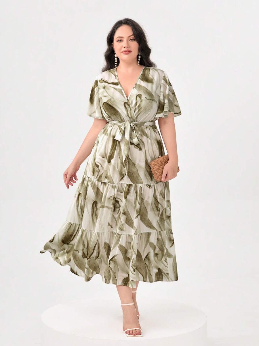 Modelyn 大碼滿版印花繫腰帶連衣裙 - 彩色 - 查看 1