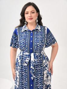 Mulvari 大碼印花腰帶襯衫連衣裙 - 藍白色 - 查看 5