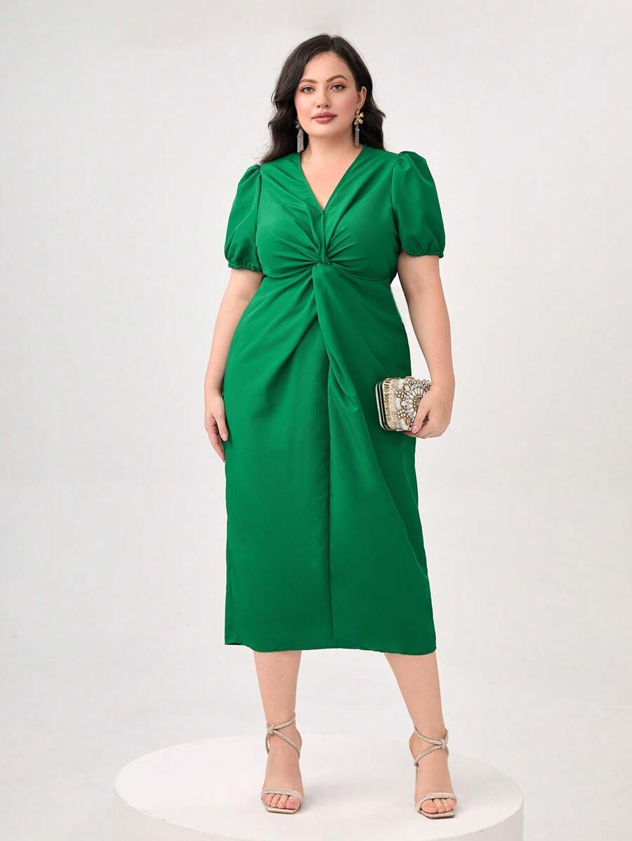 Modelyn Plus Twist Front Puff Sleeve Dress - Green - View 1