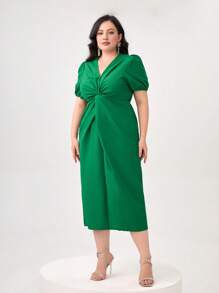 Modelyn Plus Twist Front Puff Sleeve Dress - Green - View 3