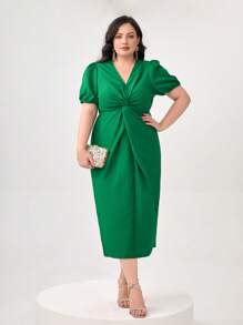 Modelyn Plus Twist Front Puff Sleeve Dress - Green - View 4
