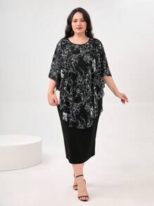 Lacomfia Plus Floral Print Batwing Sleeve Dress - Multicolor - View 4