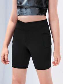 SHEIN Tween Girl Solid Biker Shorts - Black - View 3