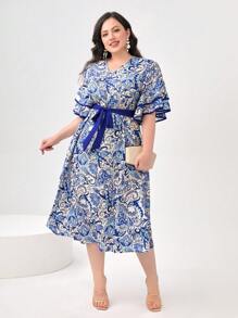 Modelyn Plus Paisley Print Belted Dress Long Evening Dresses For Summer