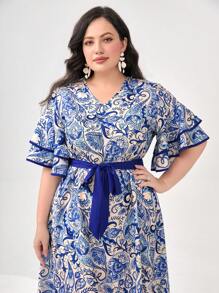 Modelyn Plus Paisley Print Belted Dress Long Evening Dresses For Summer