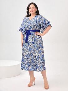 Modelyn Plus Paisley Print Belted Dress Long Evening Dresses For Summer