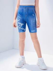 女孩字母圖案牛仔效果印花騎行褲 - 藍色 - 查看 5