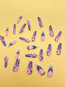 24 chiếc Long Quan Tài In Hoa Móng Tay Giả & 1 Dũa Móng Tay & 1 Tấm Băng Keo - Nhiều màu - Xem 2