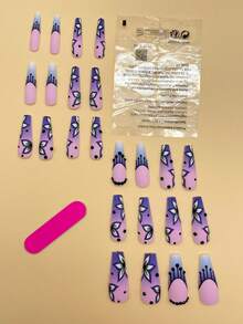 24 chiếc Long Quan Tài In Hoa Móng Tay Giả & 1 Dũa Móng Tay & 1 Tấm Băng Keo - Nhiều màu - Xem 3