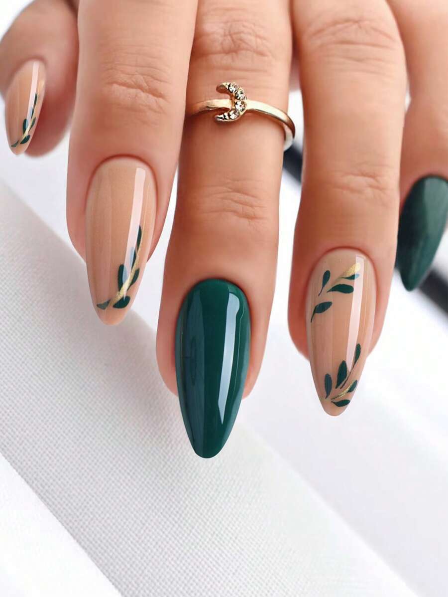 24入組深綠色藤蔓長款杏仁樹葉印花假指甲和1入組指甲銼和1張膠帶 - 墨綠色 - 查看 1