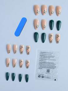 24入組深綠色藤蔓長款杏仁樹葉印花假指甲和1入組指甲銼和1張膠帶 - 墨綠色 - 查看 2