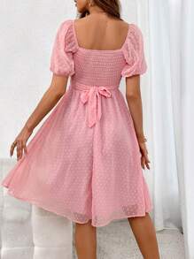 SHEIN Privé Swiss Dot Sweetheart Neck Puff Sleeve Dress,Pastel Dresses For Women - Baby Pink - View 2